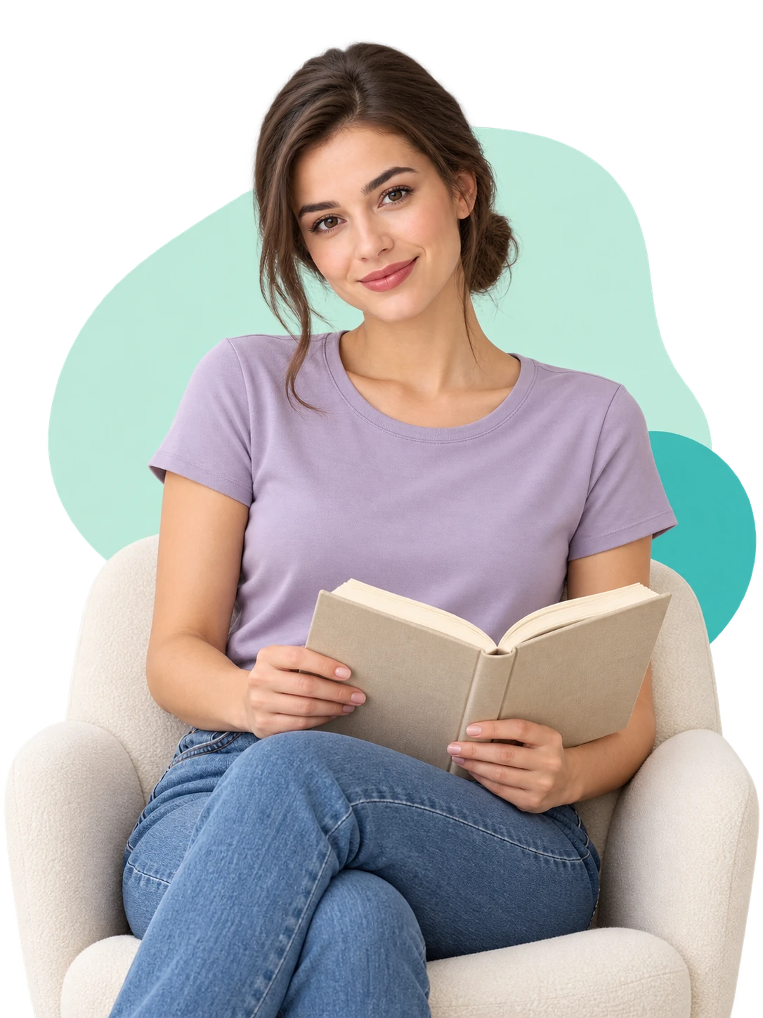 Woman reading up on loan options in an armchair before applying