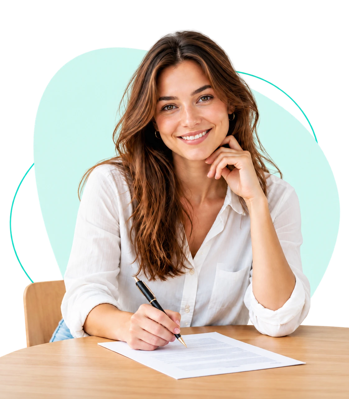 Woman at a desk writing out her debt payoff plan